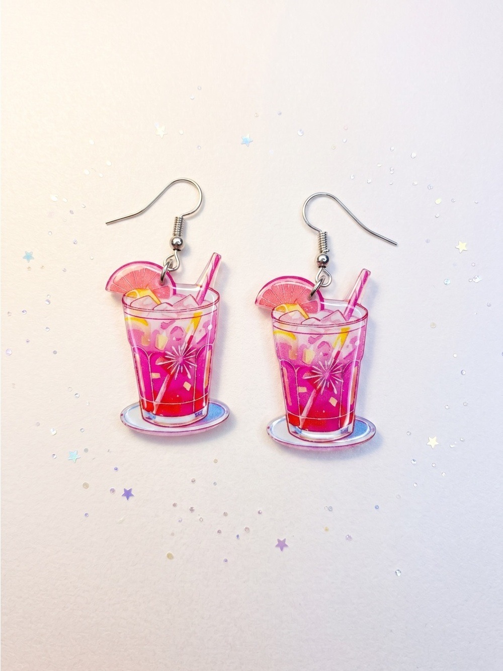 Pink Cocktail Drink Earrings Acrylic Statement Large